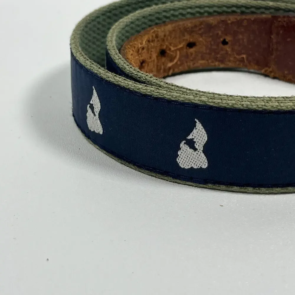 BLOCK ISLAND Belt Mens 34 Ribbon Webbing Leather Map Rhode Island Blue